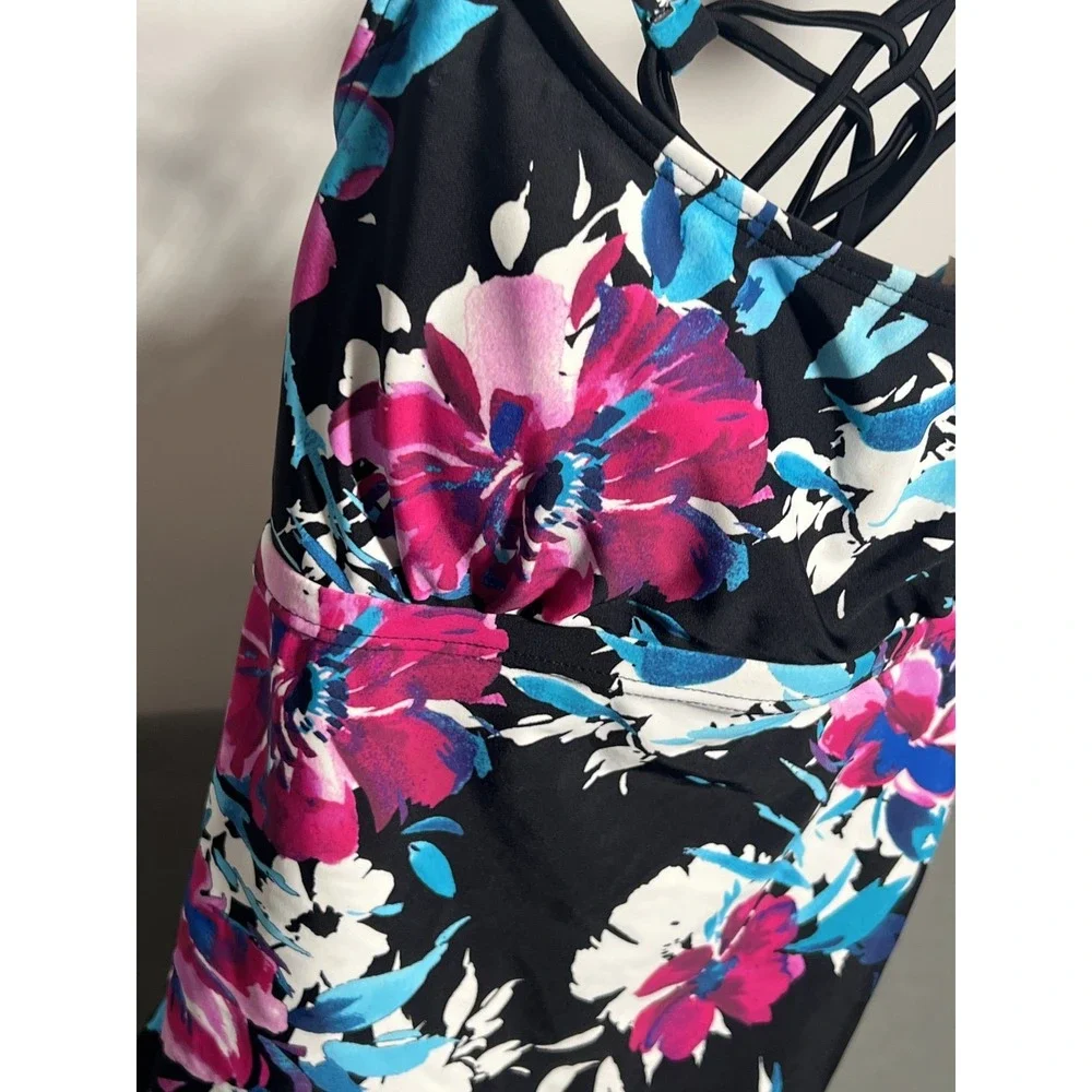 Island Waves Women's Floral Tankini Swim Top Black Pink Blue‎ White Size Small S